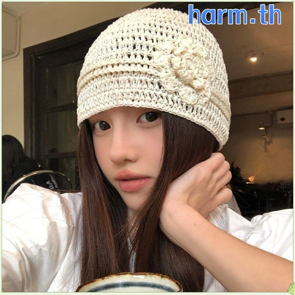 หมวกBeanie HARM ทอโครเชต์แบบโปร่งลม มีลายพิมพ์ดอกไม้