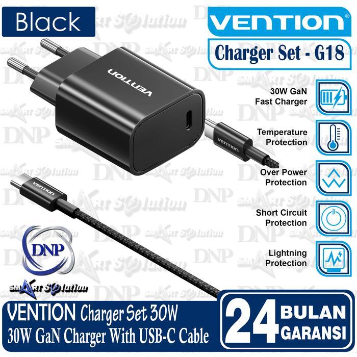 Vention G18 GaN 30W หัวชาร์จ Bundling สาย USB Type C ถึง C 3A 60W 1M สายถัก - สีดํา