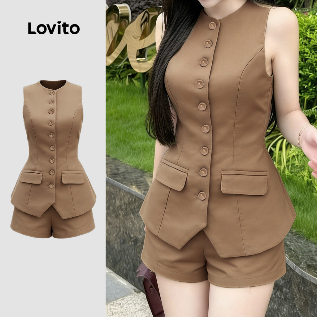 (Elegant) Lovito  เสื้อหรือกางเกงผู้หญิงสไตล์เรียบหรูคลาสสิกและอเนกประสงค์ แบบติดกระดุมด้านหน้าสําหรับใส่ไปทํางาน สีคากี เหมาะกับฤดูใบไม้ผลิและฤดูร้อน LK4ED1647