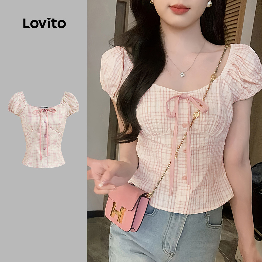 Lovito ชุดลำลอง เสื้อเบลาส์สีชมพูผ้าลายสก็อตผูกโบว์ สำหรับฤดูใบไม้ผลิ/ฤดูร้อน สำหรับผู้หญิง L136AD105
