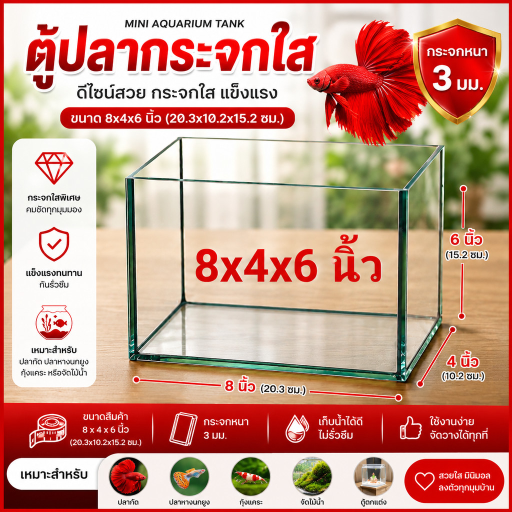 ตู้ปลา โหลปลา กระจกใส ขนาด 8x4x6 นิ้ว กระจกหนา 3 มม. Mini Aquarium Tank ตู้ปลากัด