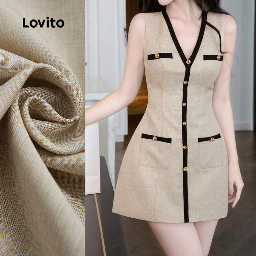 (New) Lovito ชุดเดรสหรูหราสีบล็อกปุ่มสำหรับผู้หญิง สไตล์ฤดูใบไม้ผลิ/ฤดูร้อน L143ED612