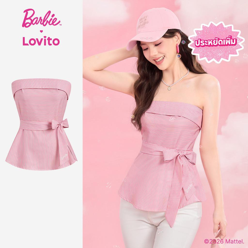 [Summer Sale] (New Arrival) Barbie™ X Lovito เสื้อเบลาส์ลําลองผู้หญิง สีชมพู ลายทาง ผูกด้านหน้า สําหรับฤดูใบไม้ผลิ/ฤดูร้อน TKBL4PAD006