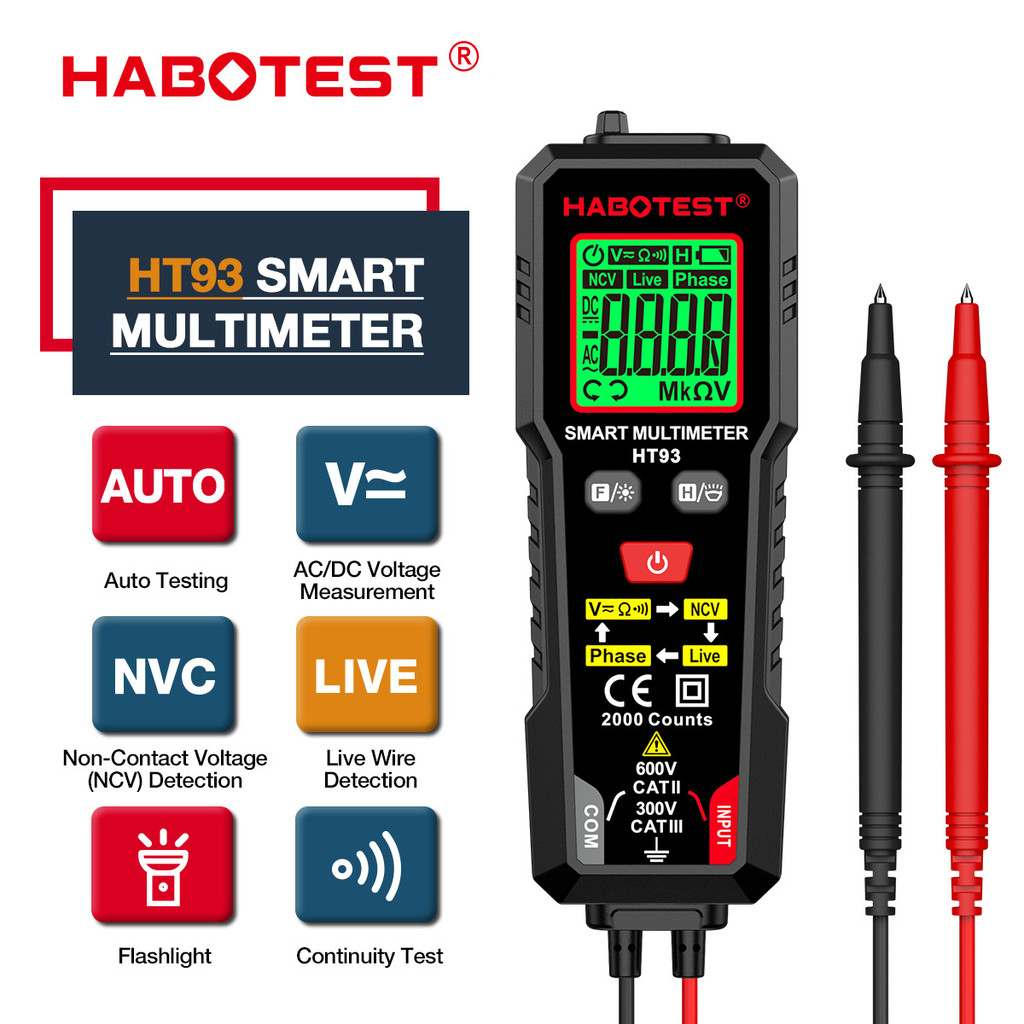 HT93 สมาร์ทมัลติมิเตอร์แบบดิจิตอลสมาร์ท Anti-Burn ช่างไฟฟ้าซ่อม Multi-Function Digital Display Multi