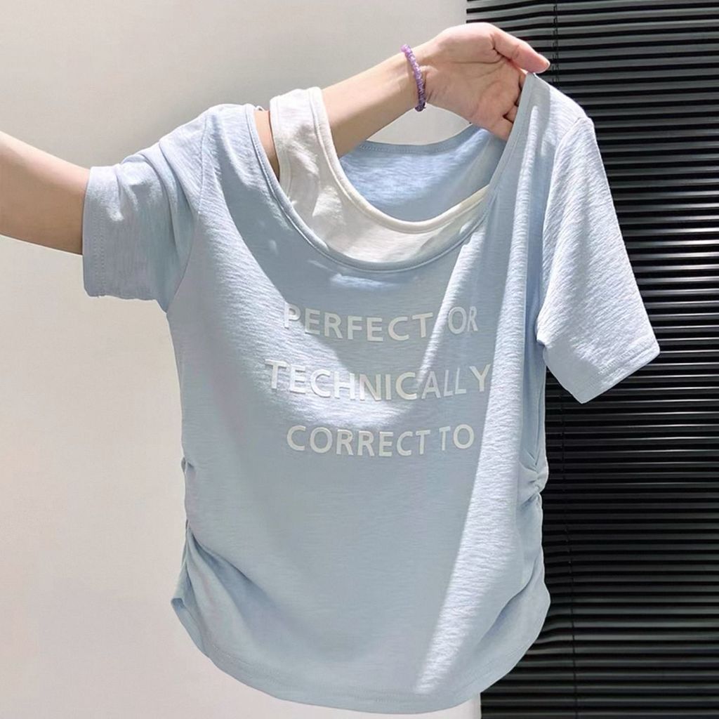 เสื้อยืดแขนสั้นเปิดไหล่ไล่โทนสีหรูหราสองชิ้นสําหรับผู้หญิงสไตล์ฤดูร้อนใหม่ทรงสลิมฟิตเก๋และเสื้อช็อต