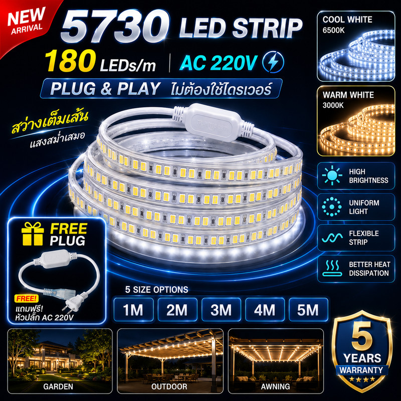 ไฟเส้น LED 5730 สว่างพิเศษ กันน้ำ IP67 ไฟเส้น 220V แถวคู่ 120/เมตร สำหรับบ้าน ร้านค้า และงานกลางแจ้ง