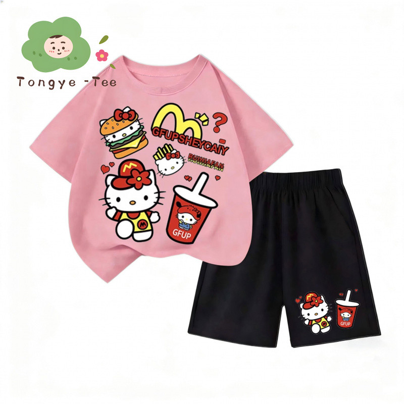 [COD]XK2 Hot!!  (จัดส่งรวดเร็ว 1-2วัน) ชุดเด็กยอดนิยม Hello Kitty | เสื้อยืดสีม่วง+กางเกงดำ ระบายอากาศดี ซักไม่ยับไม่ลอก