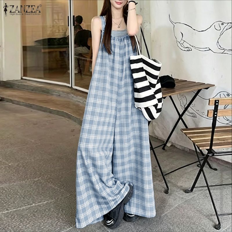 ZANZEA ผู้หญิงเกาหลี Streetwear Retro Casual Square Collar แขนกุดหลวมลายสก๊อตขากว้าง Overalls — صورة 5