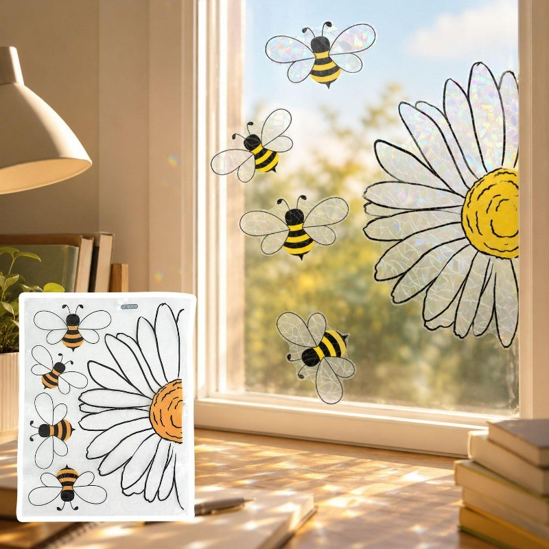 Static Cling Glass Sticker Sunflower Bee | Holographic Rainbow กันน้ํานํากลับมาใช้ใหม่รูปลอกสําหรับ 