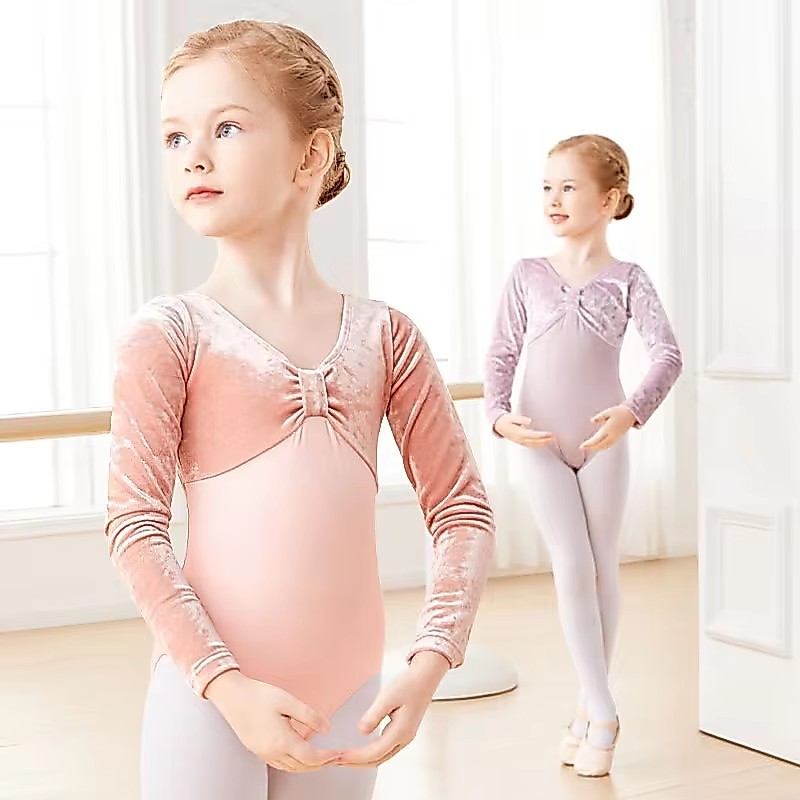 สาวบัลเล่ต์ Leotards กํามะหยี่ Splice เต้นรํา Leotards ไนลอนแขนยาวยิมนาสติก Leotard เด็กบัลเล่ต์บอดี้สูทชุดเต้นรํา