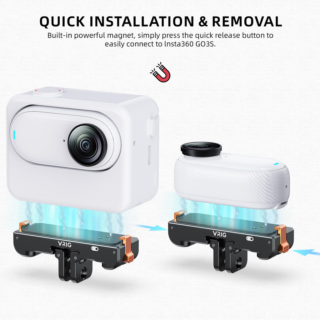 VRIG Magnetic Quick Release Mount พร้อมพอร์ตชาร์จสําหรับ Insta 360 GO 3 / 3S AC-39 อะแดปเตอร์กล้องแอคชั่น Vlogging อุปกรณ์เสริม 1/4 "เกลียวและ 2-Prong ขาตั้งกล้อง Selfie Sticks
