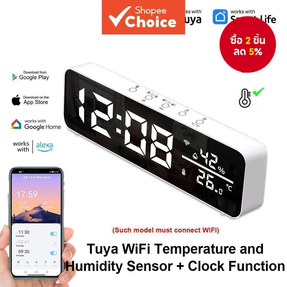 นาฬิกาปลุกสนับสนุนสําหรับ Tuya WiFi อุณหภูมิเซ็นเซอร์ความชื้นจอแสดงผลเวลา USB เดสก์ท็อปกระจกนาฬิกา LED สําหรับห้องนั่งเล่นตกแต่ง (สีขาว)