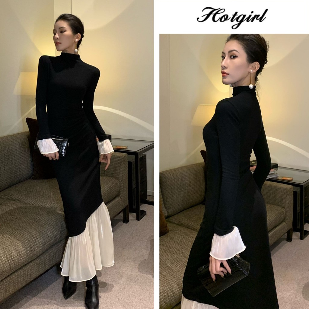 Hotgirl พร้อมส่ง เดรสทรงเอไลน์แขนยาวสไตล์เกาหลี สไตล์สลิมฟิต ดีไซน์ขอบใบบัว สไตล์อ่อนโยนหวาน