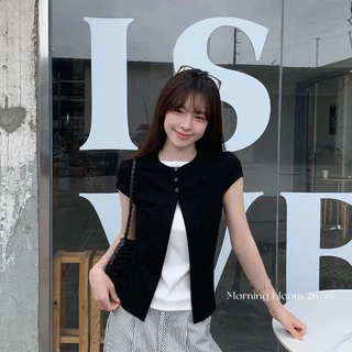 เสื้อเวสต์ถักไร้แขน คอกลมกระดุมหน้า ผ่าปลาย สไตล์สองชั้นปลอม สีดำเรียบหรูฤดูร้อน