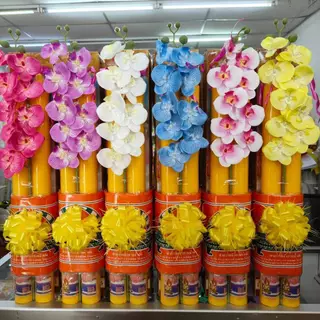 เทียนพรรษา เทียนคู่ เบอร์ 5X60 ซม. พร้อมผ้าอาบ ตกแต่งสวยงาม ราคาชุดละ