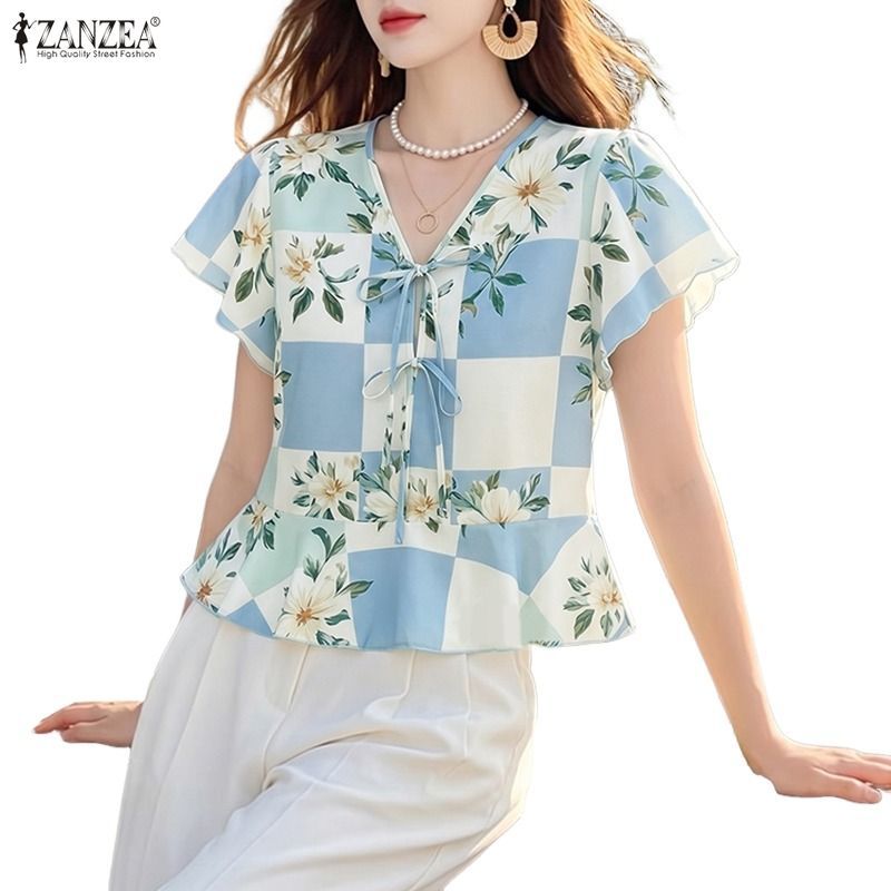 ZANZEA ผู้หญิงเกาหลี Elegant Art ความงาม V คอ Ruffle แขน Tie-Up Bows ดอกไม้พิมพ์ A-Line เสื้อ — صورة 6
