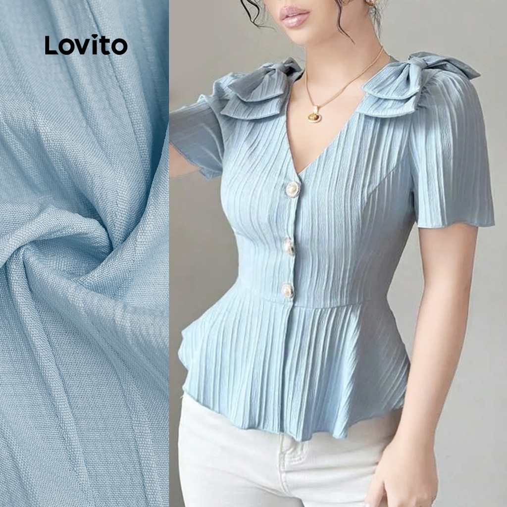 Lovito สง่างาม เสื้อเบลาส์ โบว์ระบายชายเสื้อ กระดุม สีฟ้า สําหรับผู้หญิง L172ED431