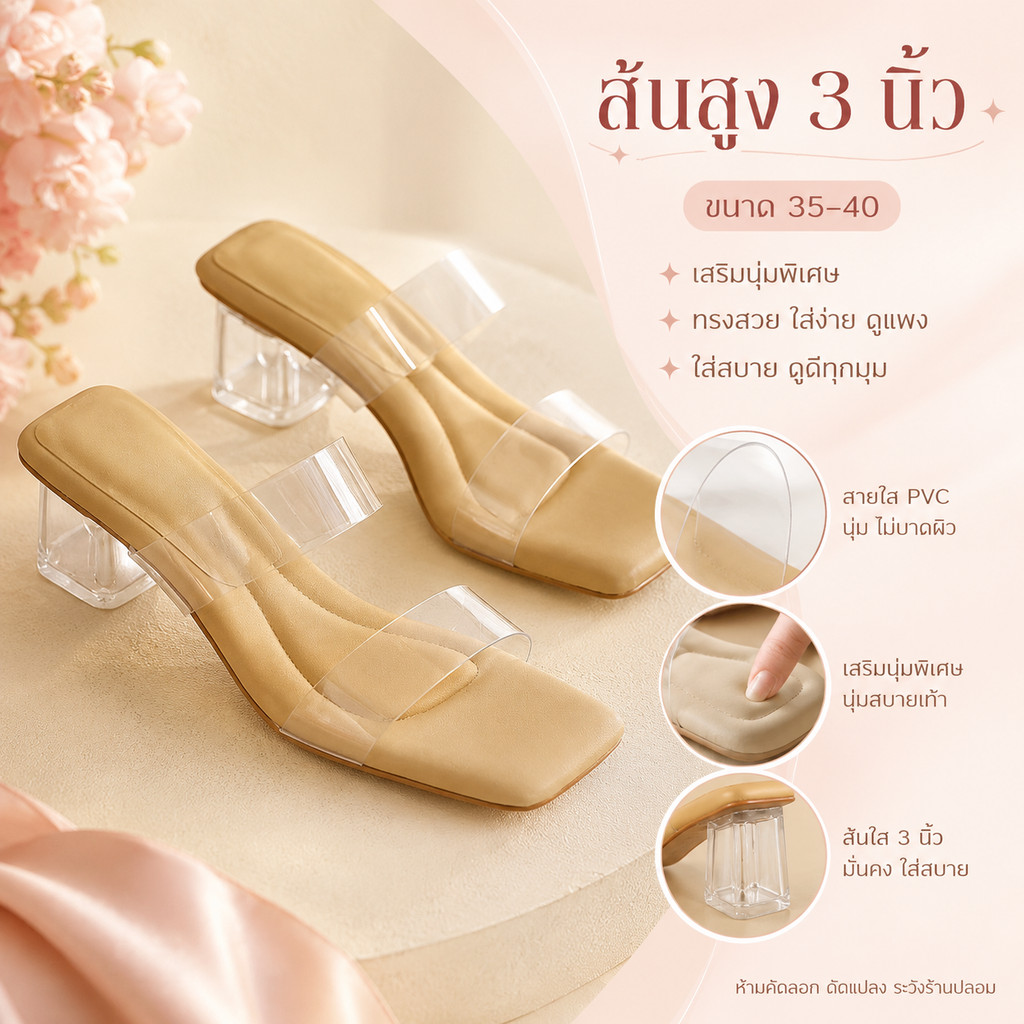 [พร้อมส่งในไทย] รองเท้าซับพอร์ตเท้า 2.5 นิ้ว 35-39 ใส่สบาย คาดยางใส ใหม่ล่าสุด YJ107 รองเท้าผู้หญิง