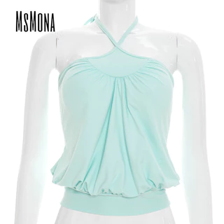 MsMona ผู้หญิง 2026 ใหม่สีทึบ Causal Street แฟชั่น Halter เสื้อกล้าม Camisole + กางเกงขาสั้นชุด