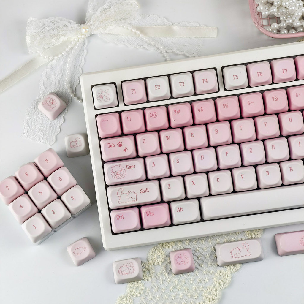 MAIMOOO Gradient Pink Cat Thai Keycap MOA/เชอร์รี่โปรไฟล์ 120 คีย์ PBT Dye Sublimation Aula F75 Ajazz AK820 การ์ตูนรอบสีชมพู Keycaps น่ารักหวานลูกแมว Keycaps