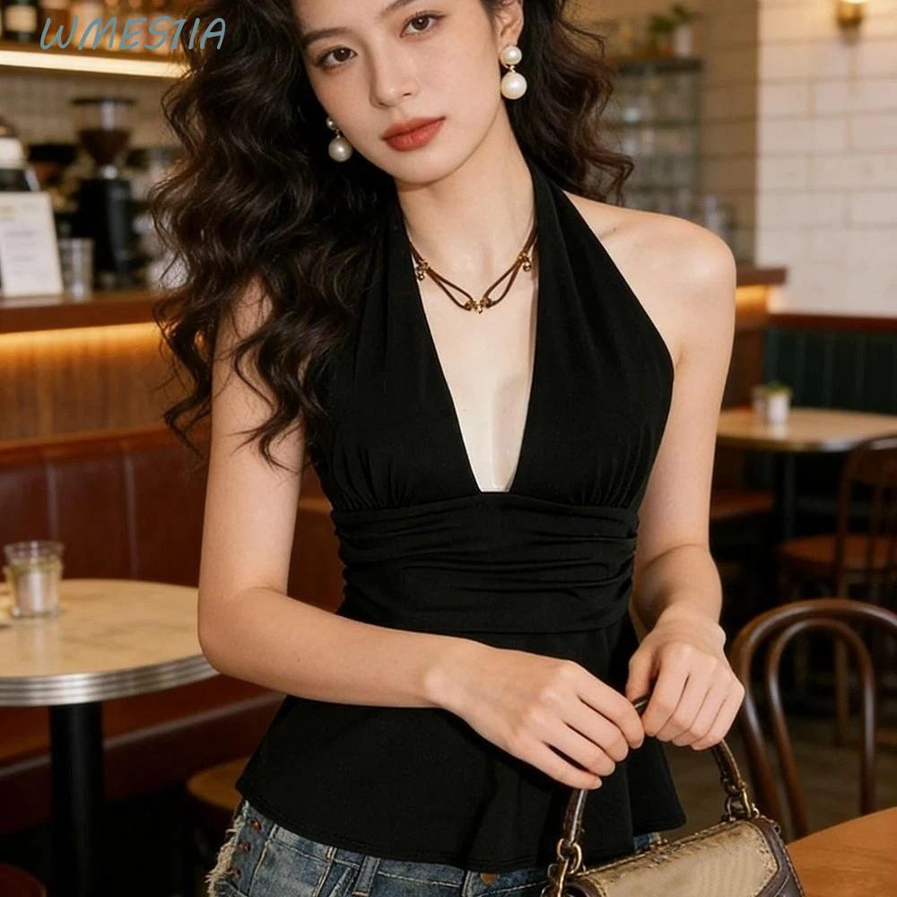 WMES1IA ผู้หญิง Crop Top, Deep V คอแขนกุด Lace-up Dots Camisole, Ins สไตล์จีบ Y2k Beach Wear Halter 
