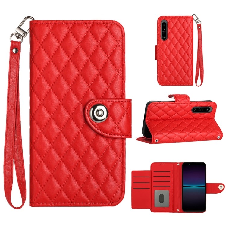 Rhombic Texture เคสโทรศัพท์หนังพร้อมเชือกเส้นเล็กสําหรับ Xperia 1 VIII/Sony Xperia 1 IV/Sony Xperia 