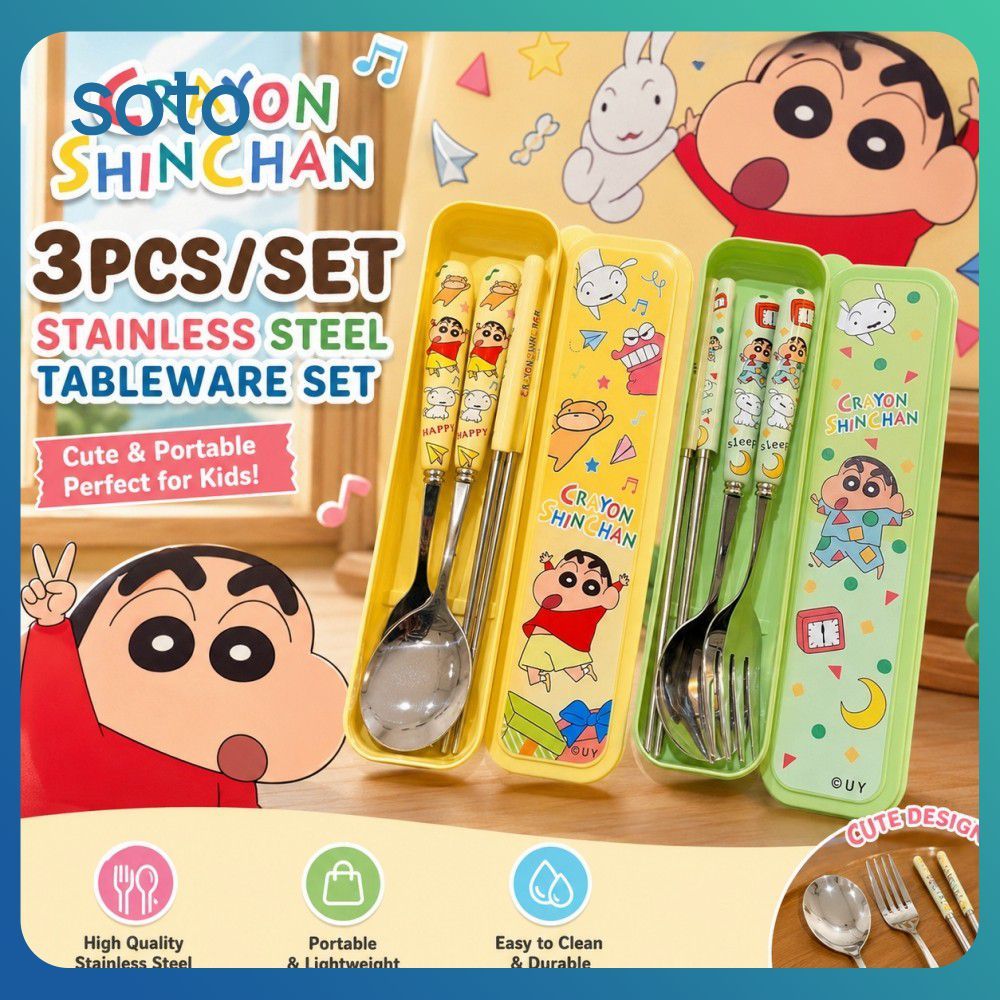 ♫ ชุดช้อนส้อมสแตนเลสพกพาสะดวก ลายชินจัง ดินสอสีน่ารัก 3 ชิ้น
