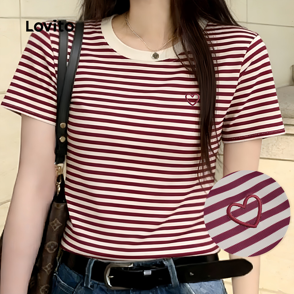 Lovito เสื้อยืดลําลองบล็อกสีปักลายสําหรับฤดูใบไม้ผลิ/ฤดูร้อน สีแดง สีขาว สําหรับผู้หญิง L177ED222