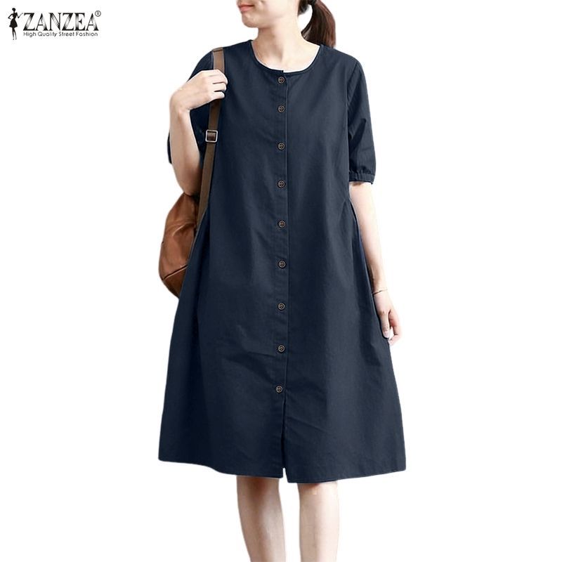 ZANZEA ซานเซีย ชุดเดรสคอกลมแขนสั้นลําลองเกาหลีสําหรับผู้หญิงแข็งหลวมเรียบง่าย