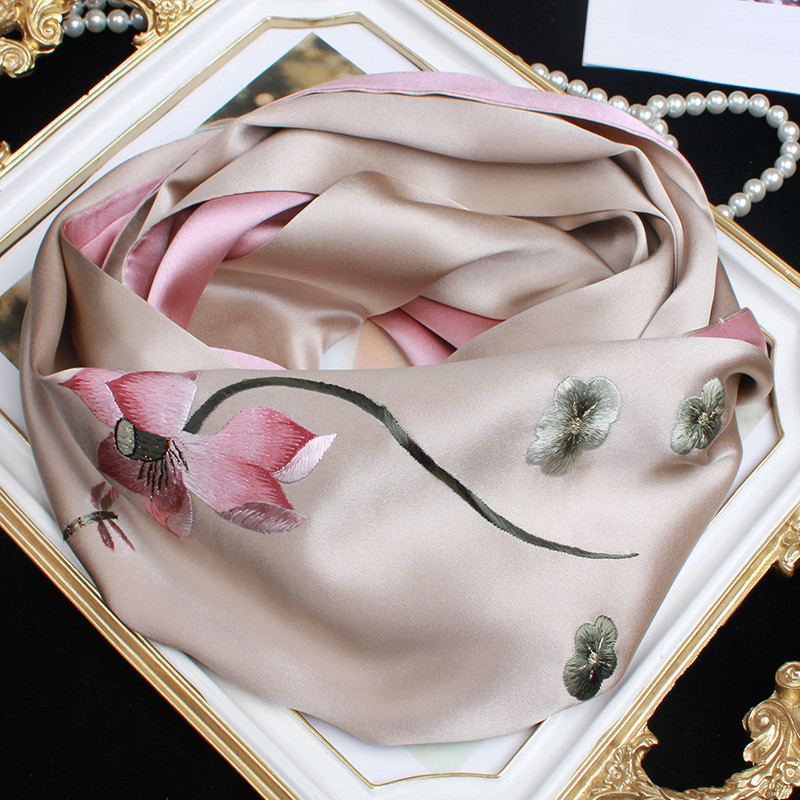 Su ปักของขวัญผ้าพันคอผ้าไหมจริงสองด้านหญิงมือปัก Lotus Mulberry ผ้าพันคอผ้าไหมซาติน Sil
