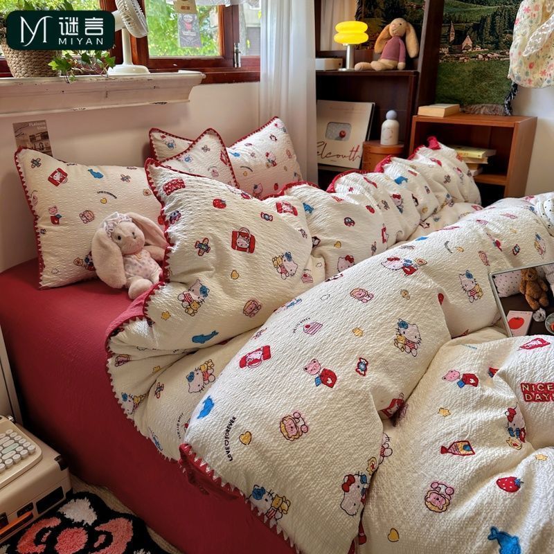 Ridddle การ์ตูน kt Cat Double Yarn Shell ด้านข้างชุดสี่ชิ้น Class a Breathable Skin-Friendly Quilt Cover ผ้าปูที่นอนหอพักสาม @-