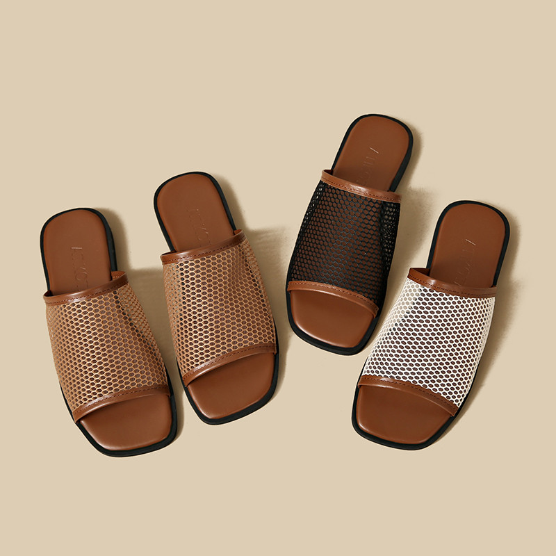 ผู้หญิงแบนสไลด์รองเท้าแตะสแควร์ Toe ตาข่ายกว้าง Breathable Anti Slip Soft Sole Casual Daily Office Commute Elegant อินเทรนด์รองเท้า