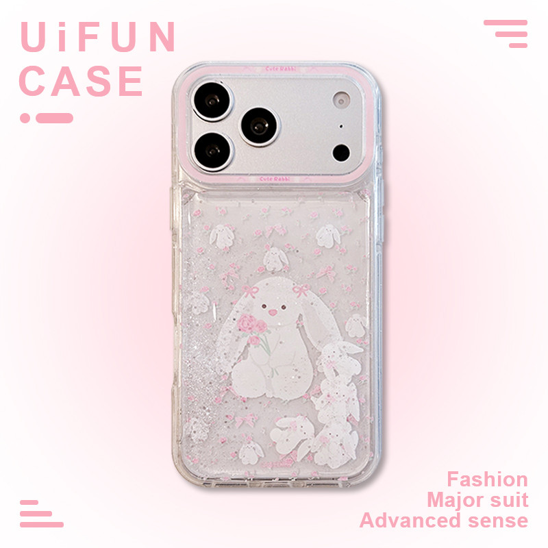การ์ตูนดอกไม้ Bowknot กระต่าย Bling Quicksand โทรศัพท์มือถือกรณีสําหรับ iPhone 17 16 15 14 Pro Max Shock Proof PC ปกหลัง TPU โทรศัพท์มือถือปลอก