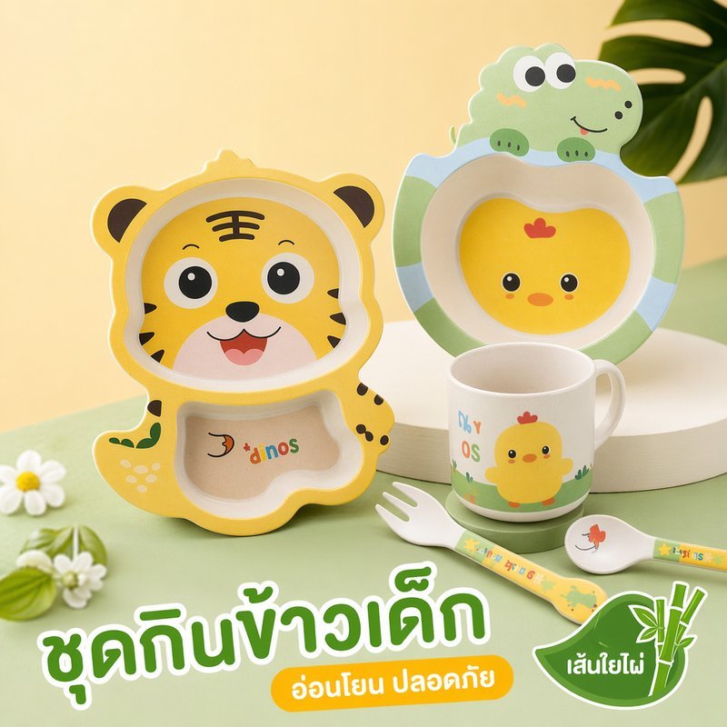 ชุดจานข้าวเด็ก จานอาหารเด็ก แบ่งช่อง เยื่อไผ่ ชุดกินข้าวเด็ก 5ชิ้น ช้อนส้อม ถ้วย ชาม ลายการ์ตูน