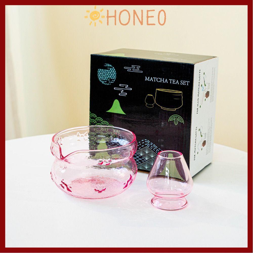 HONE Matcha Making Kit, Glass Bowknot Matcha Bowl, with Ste Spout Reusable Pink Matcha Whisk Set Tea Lovers