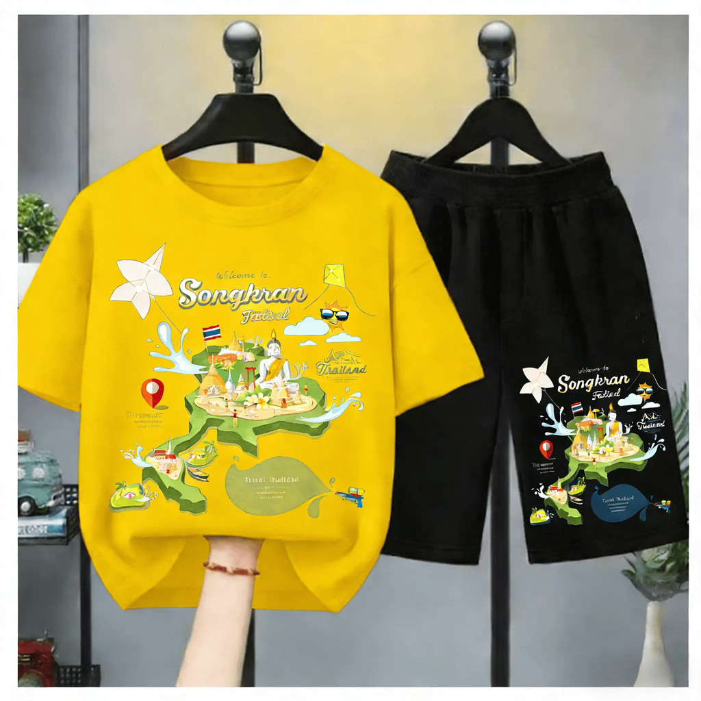 【COD】ชุดเสื้อผ้าเด็กสงกรานต์ลายแผนที่ไทย | Songkran Thailand Map Kids T-shirt & Shorts Set | เสื้อยื