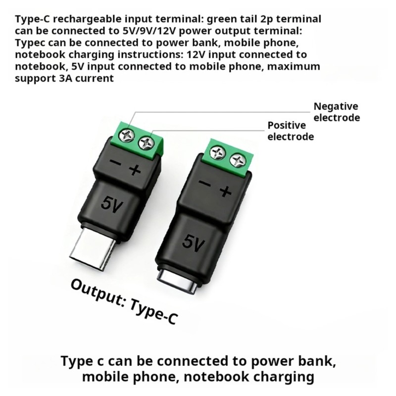 Mojito 2 ชิ้น 5V3A ประเภท C ถึง 2 พินสกรู Terminal Converter Connector สําหรับสายไฟง่ายชาร์จ Solutio