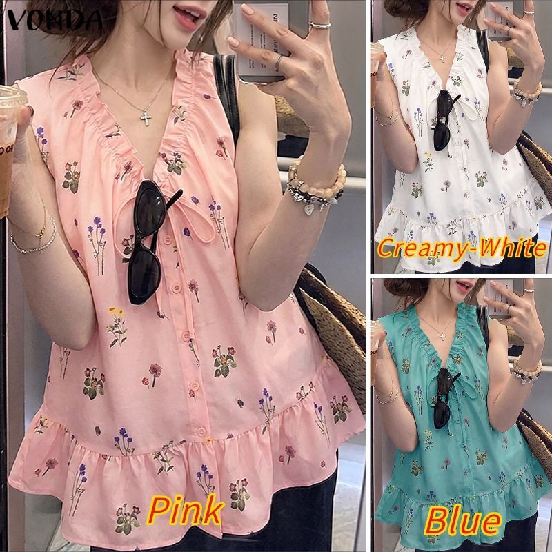 VONDA ผู้หญิงสาวเกาหลีสไตล์ V คอ Tie-Up Bows ดอกไม้พิมพ์ Ruffles Hem A-Line ถัง — صورة 3