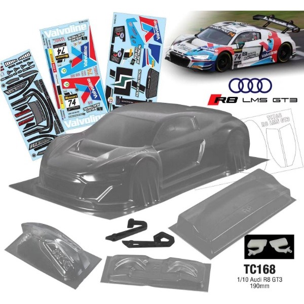 ทีซี168 1/10 ออดี้ ร8 GT3, 190 มม., เปลือกรถพีซีโปร่งใสพร้อมถ้วยไฟ/กระจกมองหลัง/ปีกหลัง