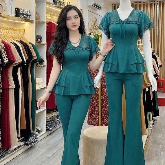 เสื้อลูกไม้คอปก - ชุดกางเกงบาน - รหัส XO67TKI