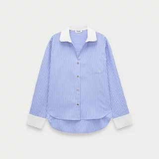 [Pomelo] เสื้อเชิ้ตลายทางแต่งปกตัดสี / Contrast Collar and Trim Stripe Shirt