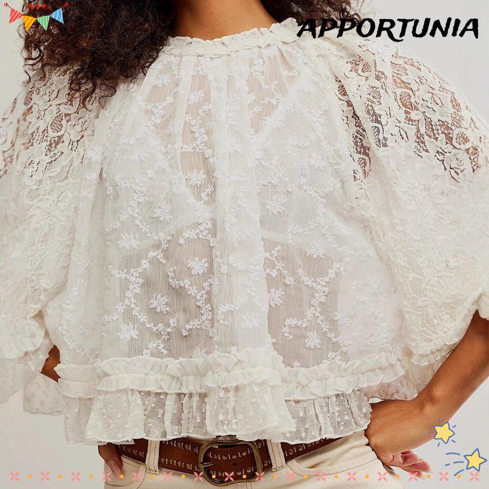 APPORTUNIA แขนยาว, O คอ Y2k Ruffle Trim เสื้อ, ปุ่มลูกไม้ Sheer Crop Tops ผู้หญิง