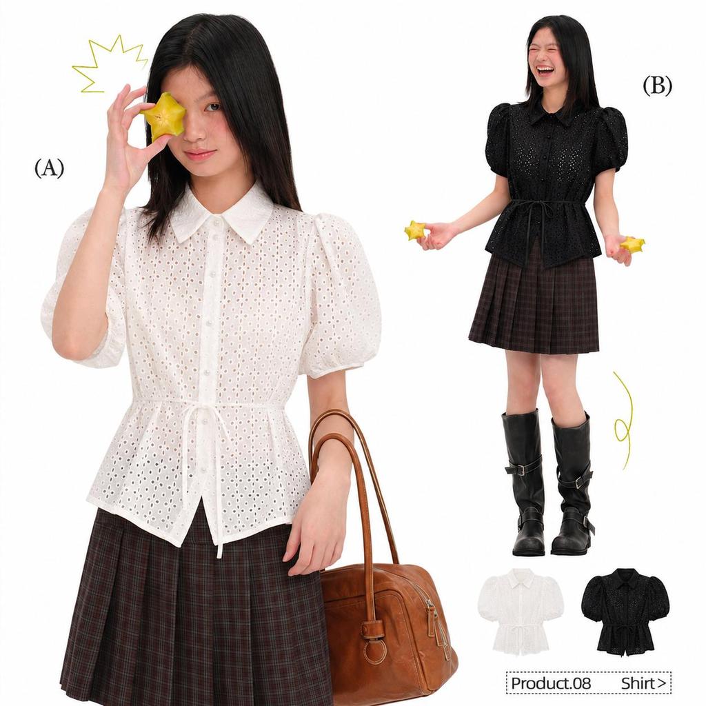 Chili Koko เสื้อเชิ้ตผู้หญิงสีขาว ปักฉลุ แขนพอง รุ่นใหม่ ดีไซน์ผูกเอว ใส่แล้วผอม ลุคฝรั่งเศส เสื้อทรงเข้ารูป-w518