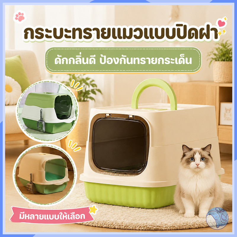 กระบะทรายแมวทรงโดมขนาดใหญ่พิเศษ ปิดฝาสนิท กันกลิ่น กันทรายกระเด็น พร้อมที่ตักทราย แถมประตูกันกลิ่น