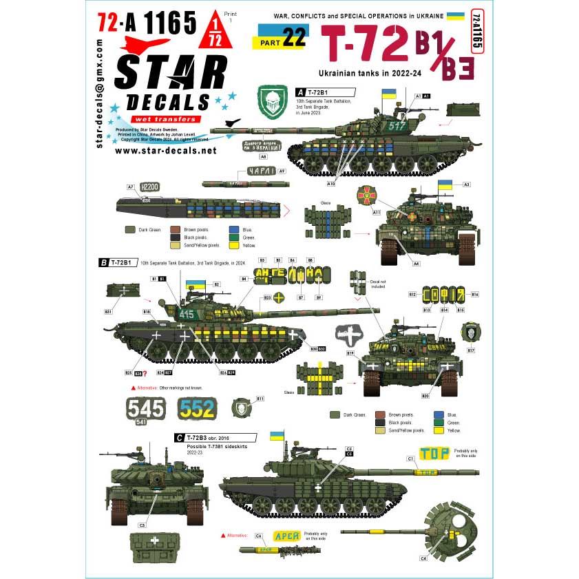 STAR 72-A1165 1/72 รัสเซีย#22 ยูเครน T-72B1 T-72B3 2022-24 สติ๊กเกอร์น้ํา