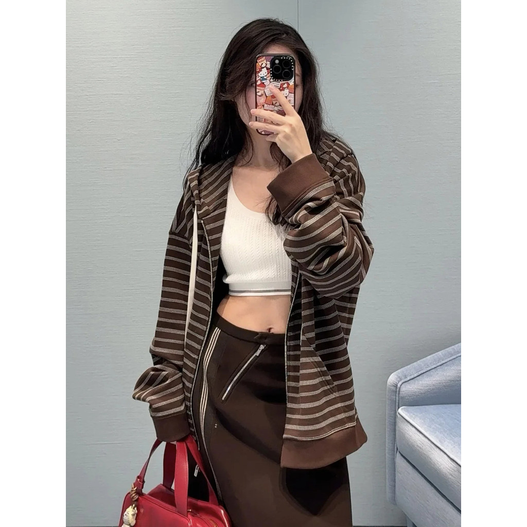 HGGK M1U MM New letter embroidery coffee and white striped jacket for women, hooded coat, knitwear f