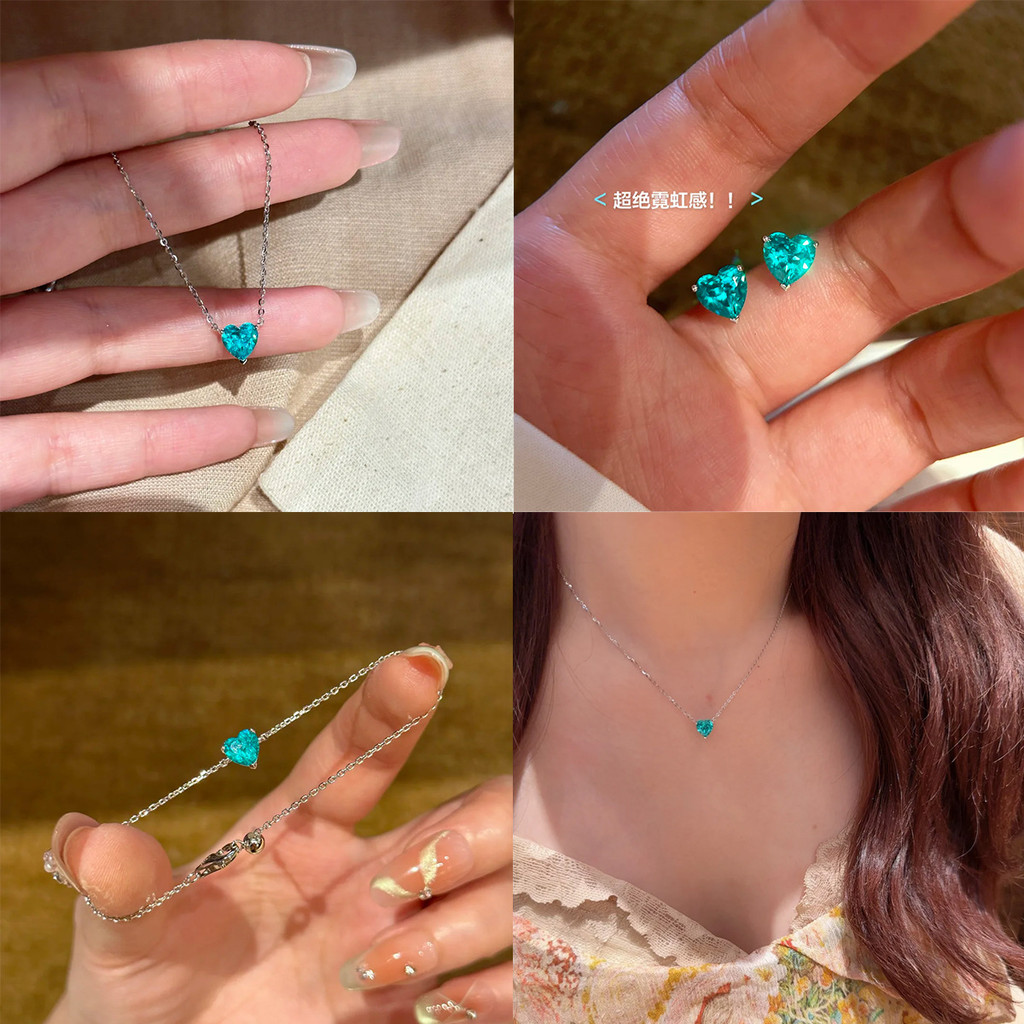 สร้อยคอจี้หัวใจสีฟ้าเรียบง่ายรูปหัวใจสีสันสดใสต่างหูสมบัติสร้อยข้อมือแบบพับเก็บได้
