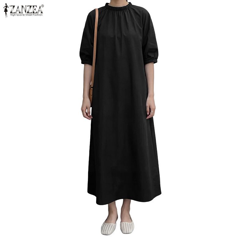 ZANZEA ซานเซีย ผู้หญิงสไตล์เกาหลี-ลําลองคอตั้งครึ่งแขนจีบสีทึบชุดหลวม