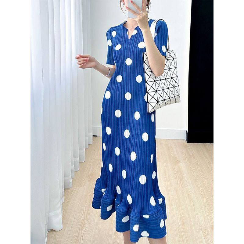 ชุด Miyake หญิง Polka Dot พิมพ์อารมณ์ High-End รู้สึกหลวม Slimmer ดูอารมณ์แขนสั้นฤดูร้อนจีบกระโปรง A-Line