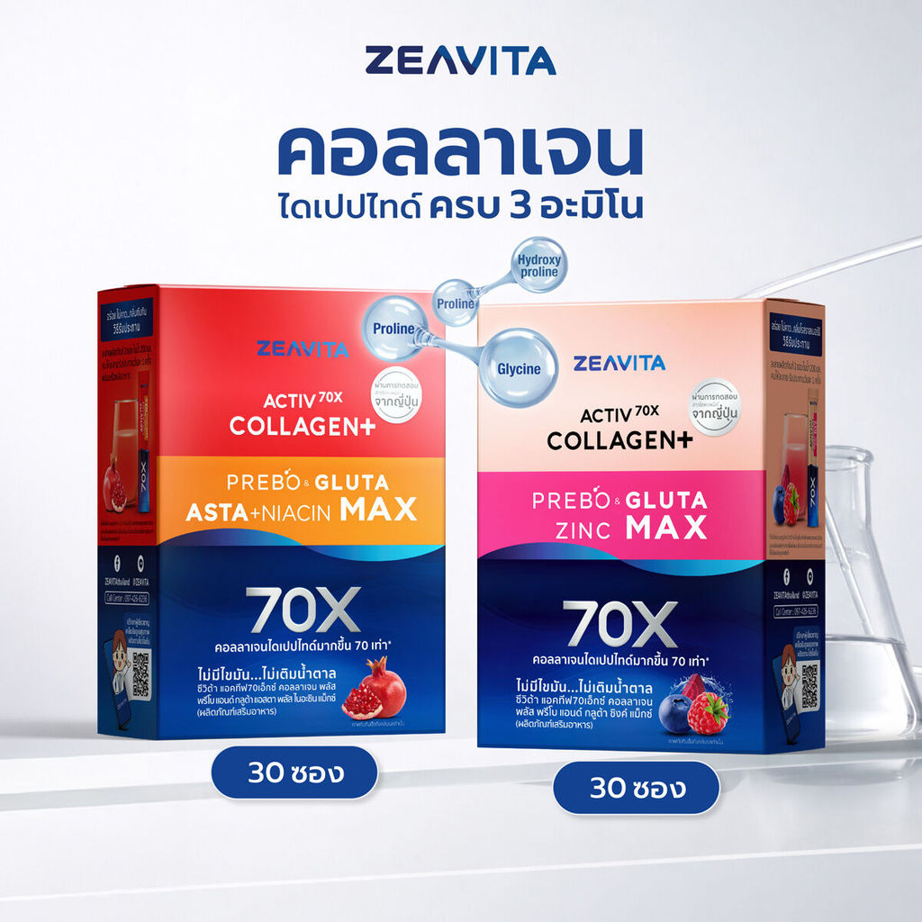 Zeavita ซีวิต้า คอลลาเจน กลูต้า&ซิงค์ +พรีไบโอติก(30ซองx1กล่อง)และแอสตาแซนธิน&กลูต้า +พรีไบโอติก (30ซองx1กล่อง) collagen
